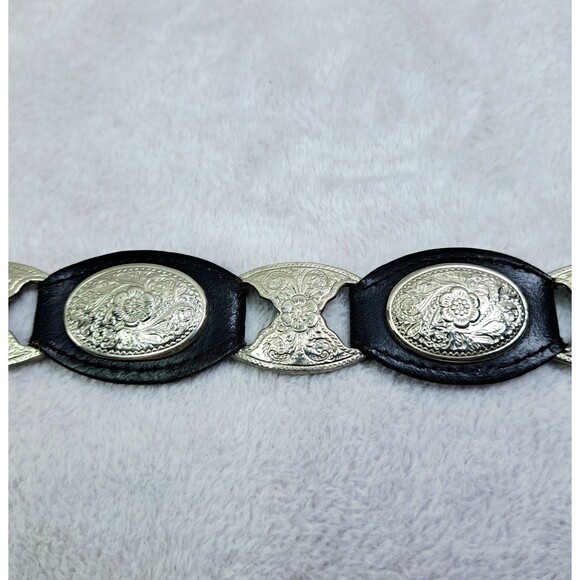 Belt Black Leather & Concho Silver Floral Medallion Medium Western Country Girl - Picture 7 of 10
